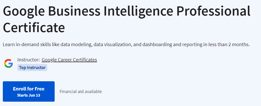 Google Business Intelligence Professional Certificate